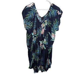Echo Dress Women's L/XL Blue Floral Shift Short Sleeve V-Neck Colorful Artsy